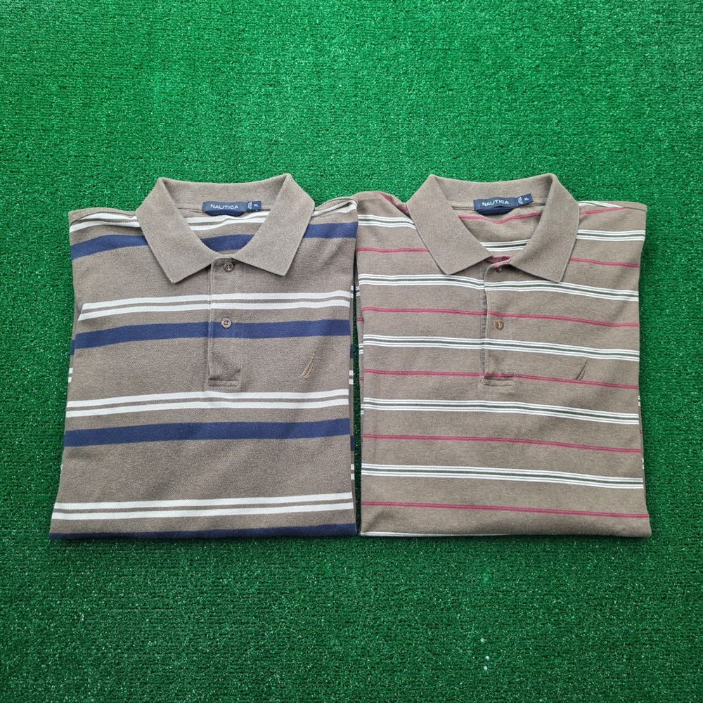 Nautica Polo Shirt Mens XL Brown Striped Bundle Lot of 2 Golf Preppy Casual